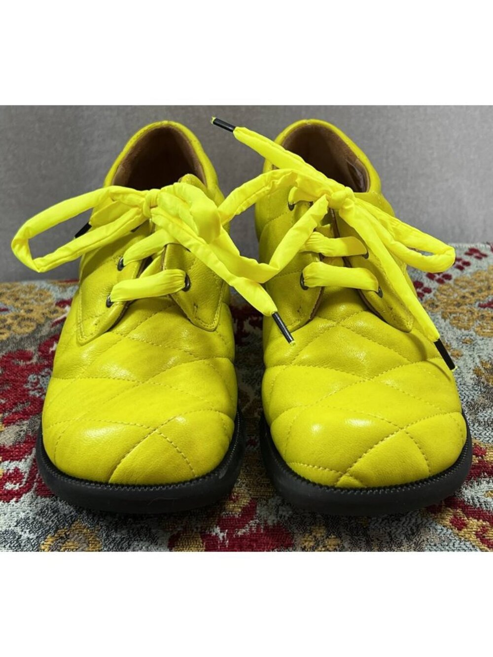 John Fluevog Thrillvogs Maika Quilted Lace-Up Heels Neon Yellow (lime) Size 8
